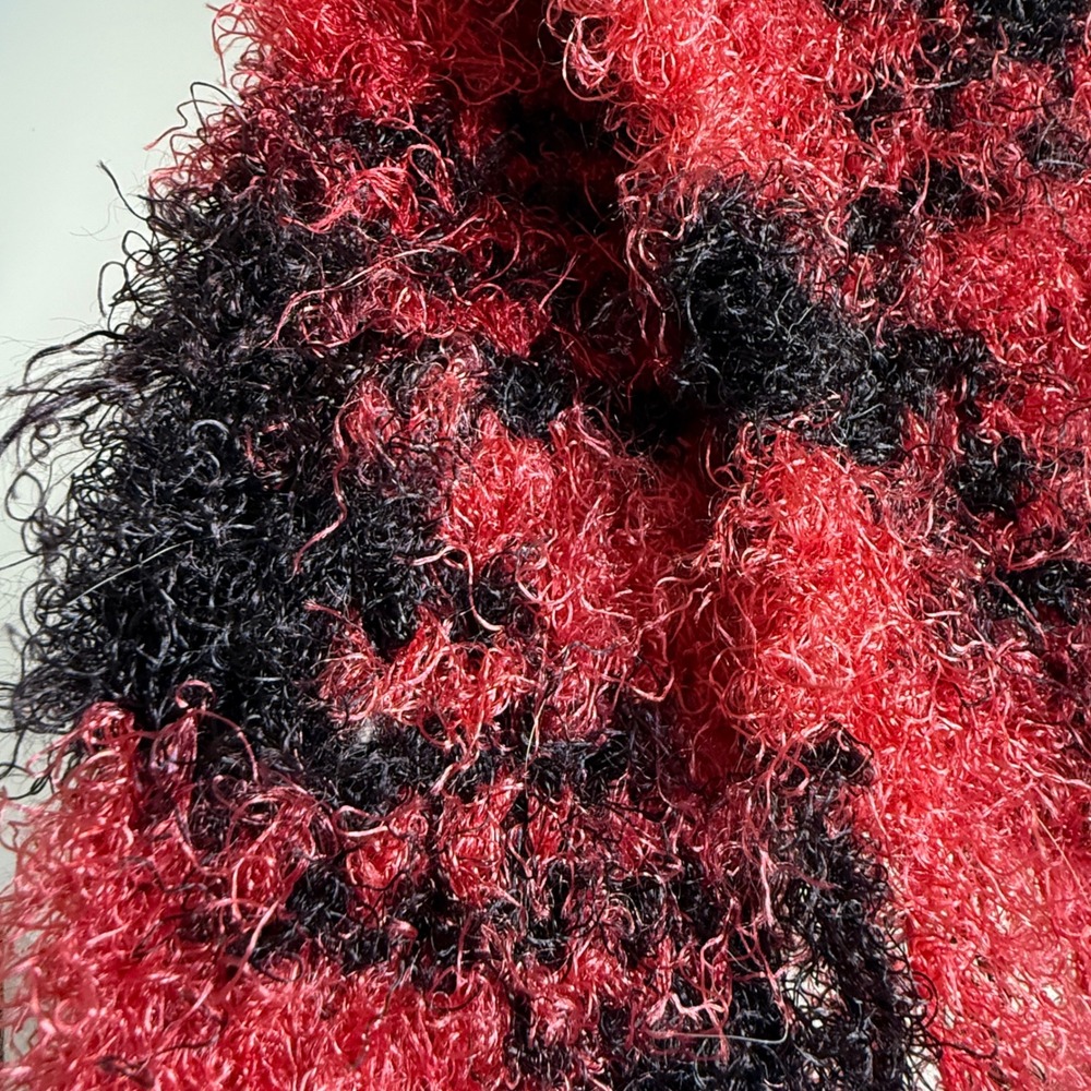 Handmade Crochet Woven Red Black Pink Fuzzy Knit Fringe Scarf One of a Kind Boho - Picture 8 of 10